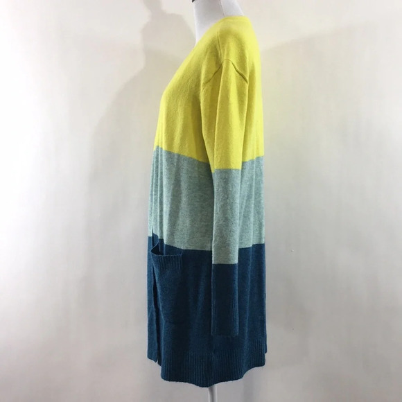 A New Day Blue Yellow Stripe Knit Tunic Cardigan Sweater Womens Small Open Front - Picture 4 of 10